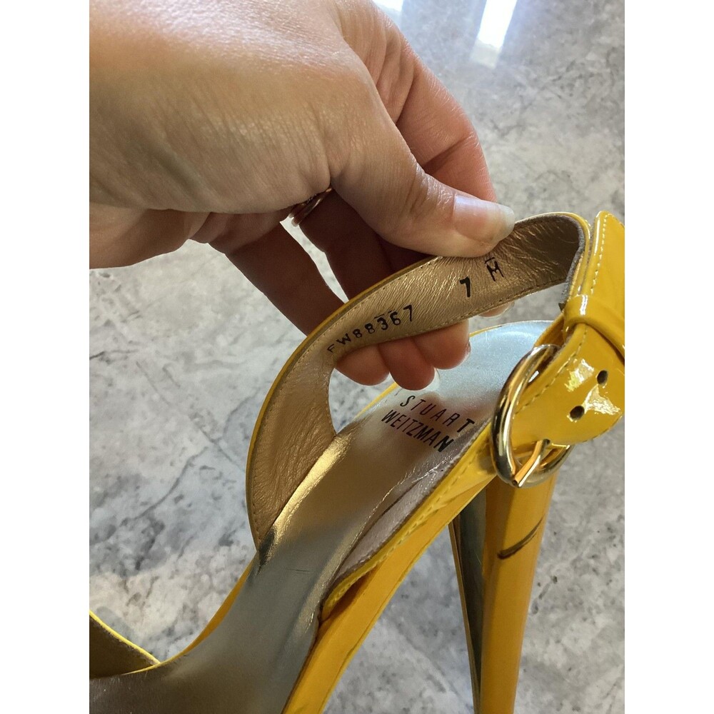 Stuart Weitzman Shoes Y2K Womens Sz 7 Yellow Patent Slingback Platform Peep Toe - Picture 8 of 8